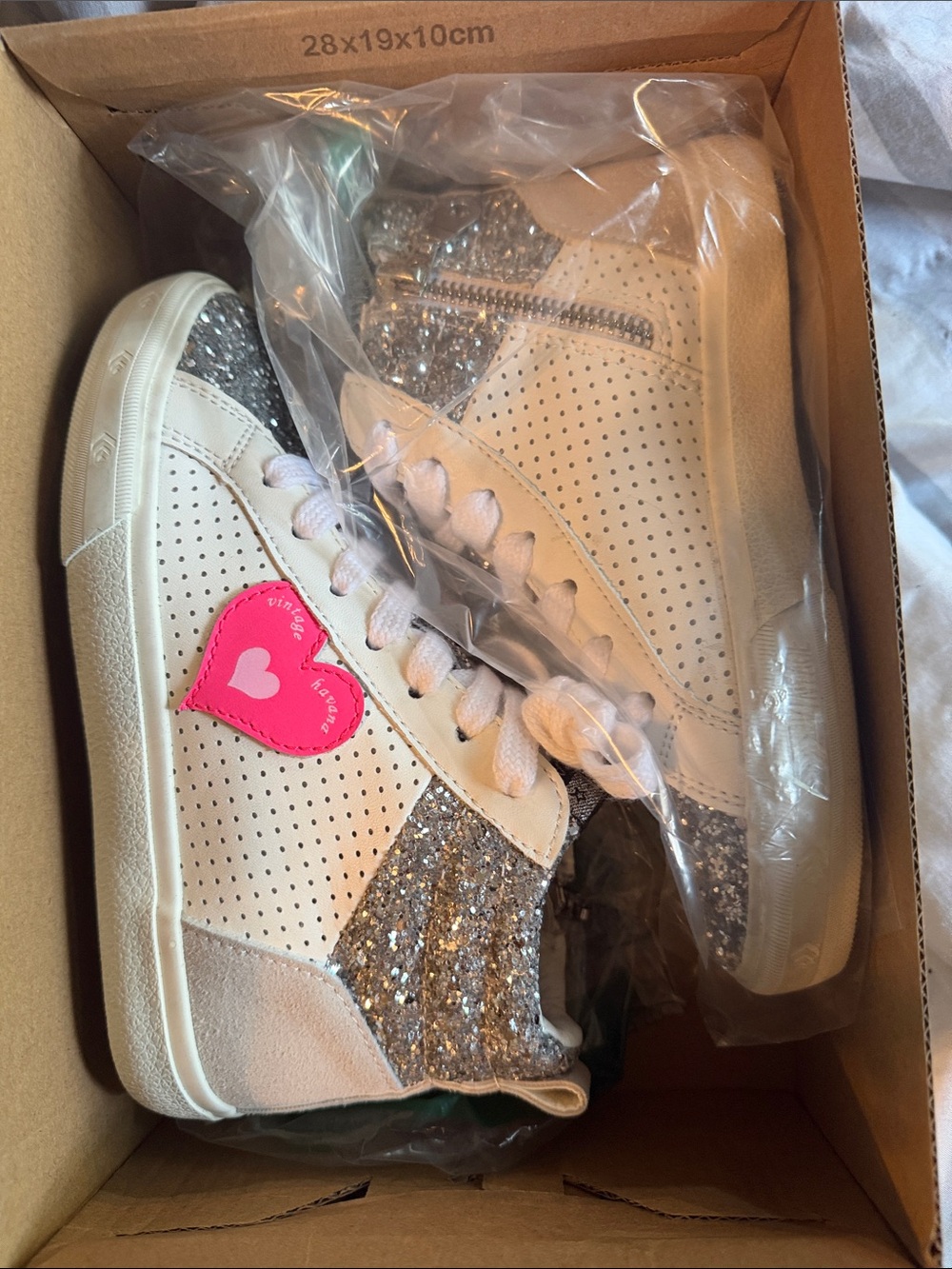 Vintage Havana Kids White Glitter High-Top Sneakers with Pink Heart Accent